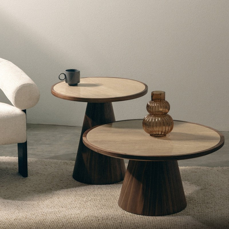 Măsuță de cafea Kyoto, 80 cm, rotundă, travertin/nuc