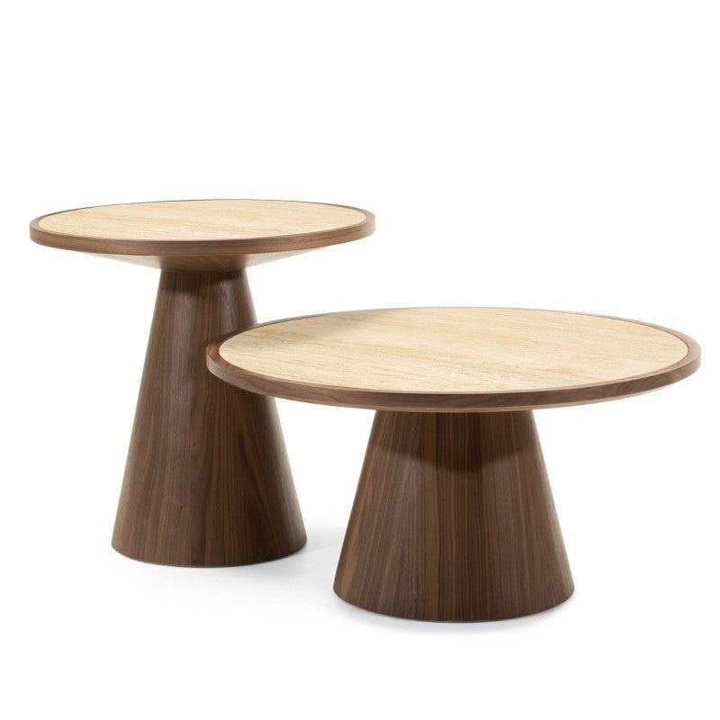 Măsuță de cafea Kyoto, 80 cm, rotundă, travertin/nuc