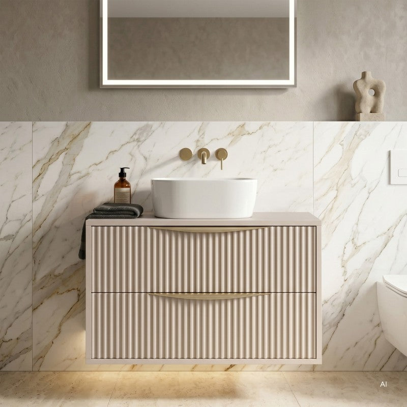 Dulap pentru lavoar pe blat Avila 2.0, 60 cm, canelat, mânere aurii, cașmir