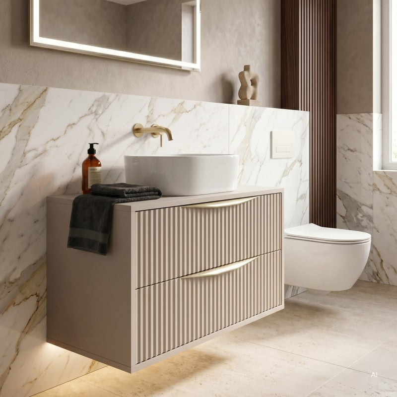 Dulap pentru lavoar pe blat Avila 2.0, 60 cm, canelat, mânere aurii, cașmir