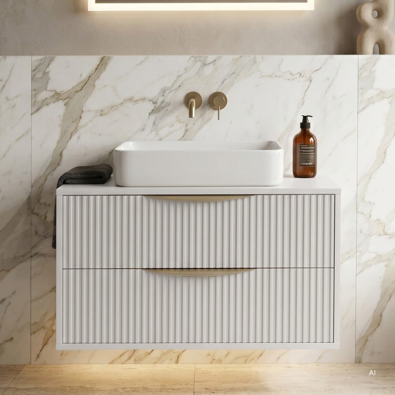 Dulap pentru lavoar pe blat Avila 2.0, 80 cm, canelat, mânere aurii, alb