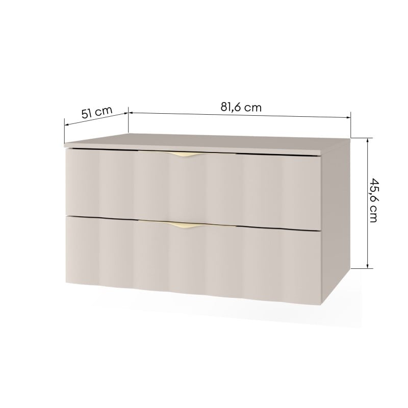 Dulap pentru lavoar pe blat Omi, 80 cm, front ondulat, mânere aurii, bej cașmir
