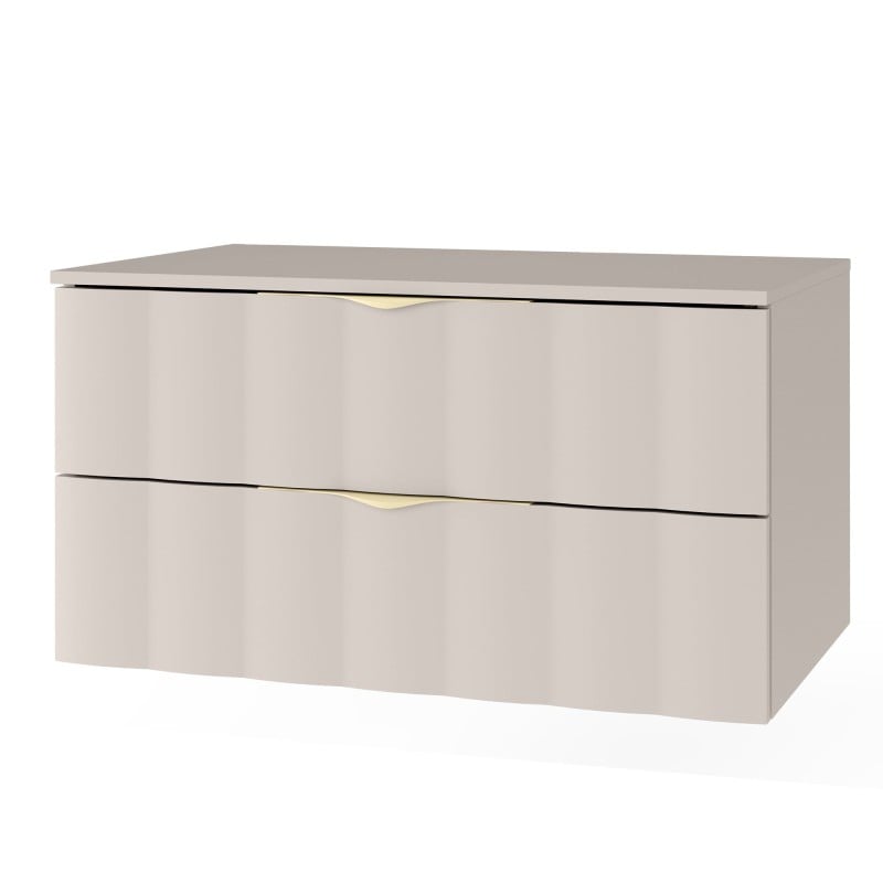 Dulap pentru lavoar pe blat Omi, 80 cm, front ondulat, mânere aurii, bej cașmir