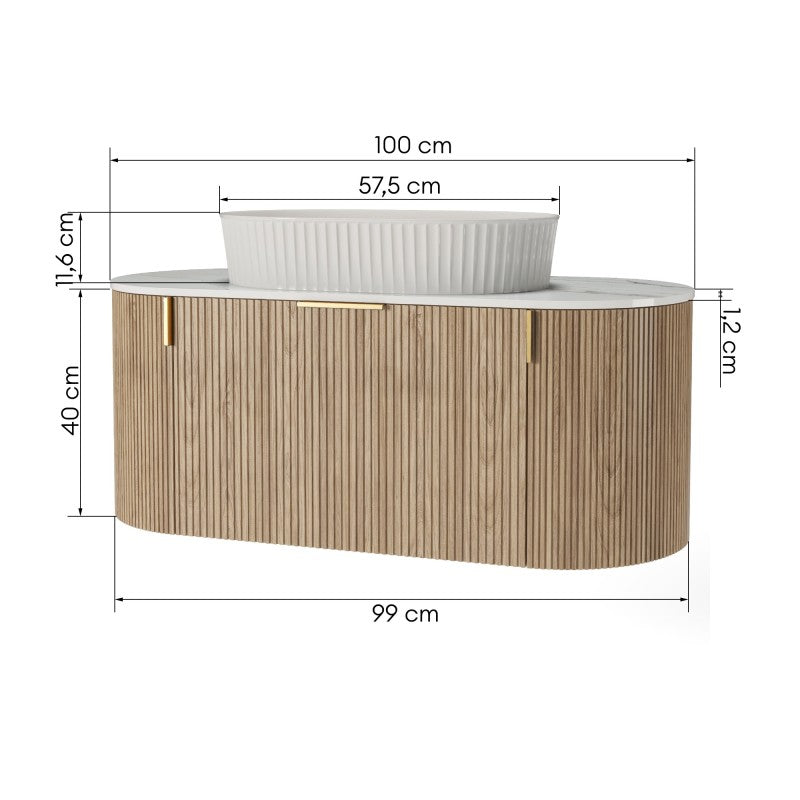 Set dulap cu blat și lavoar La Simplicité, 100 cm, canelat, rotunjit, alb Glit/stejar